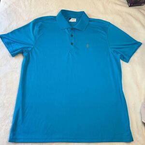 ✨IZOD Golf Men's size Large Teal Blue Gold Polo Shirt. EUC‎ Nice Patterned
